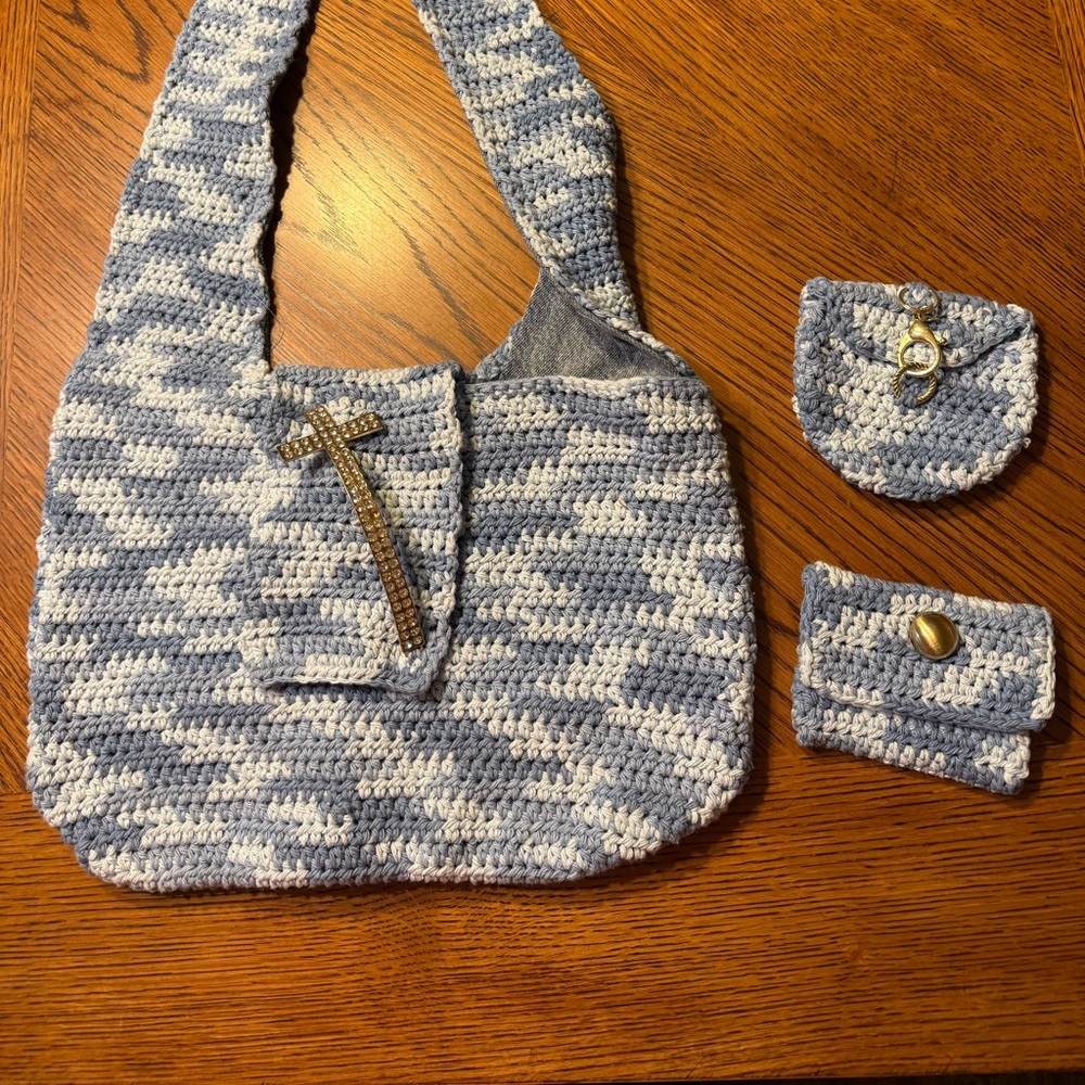 Blue and White Crochet Bag Set
